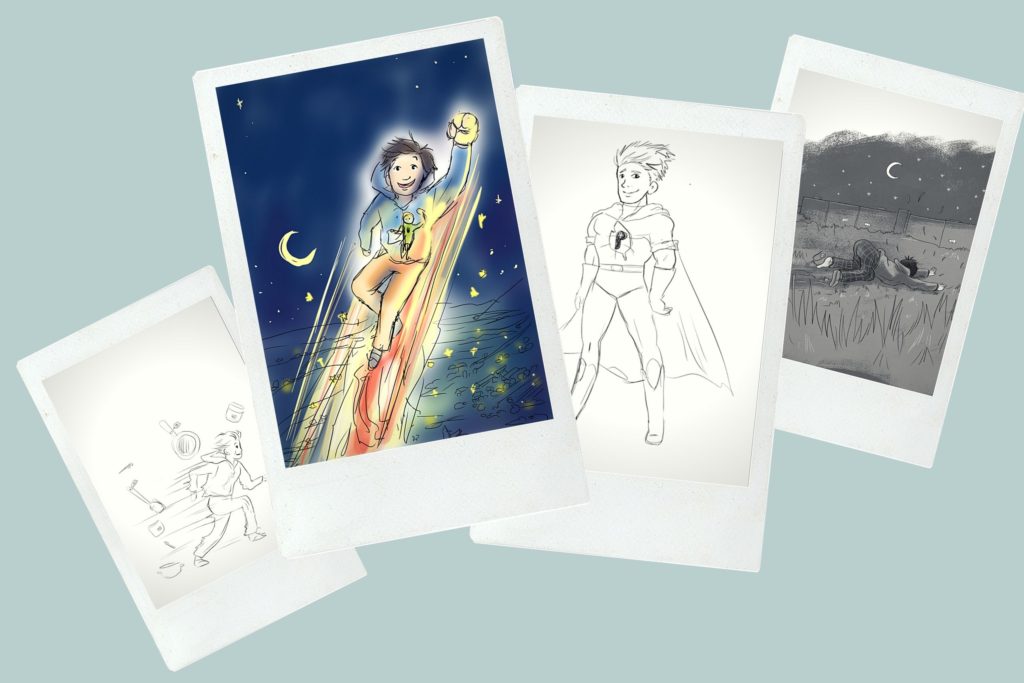 Skizzen von Cover und Illustrationen des Kinderbuches Antons geheime Reise mit Paul Pulli