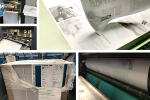 Papier, Druckmaschine und Ausdruck von Druckbögen des Kinderbuches Magische Welt der Dinge, Antons geheime Reise mit Paul Pulli