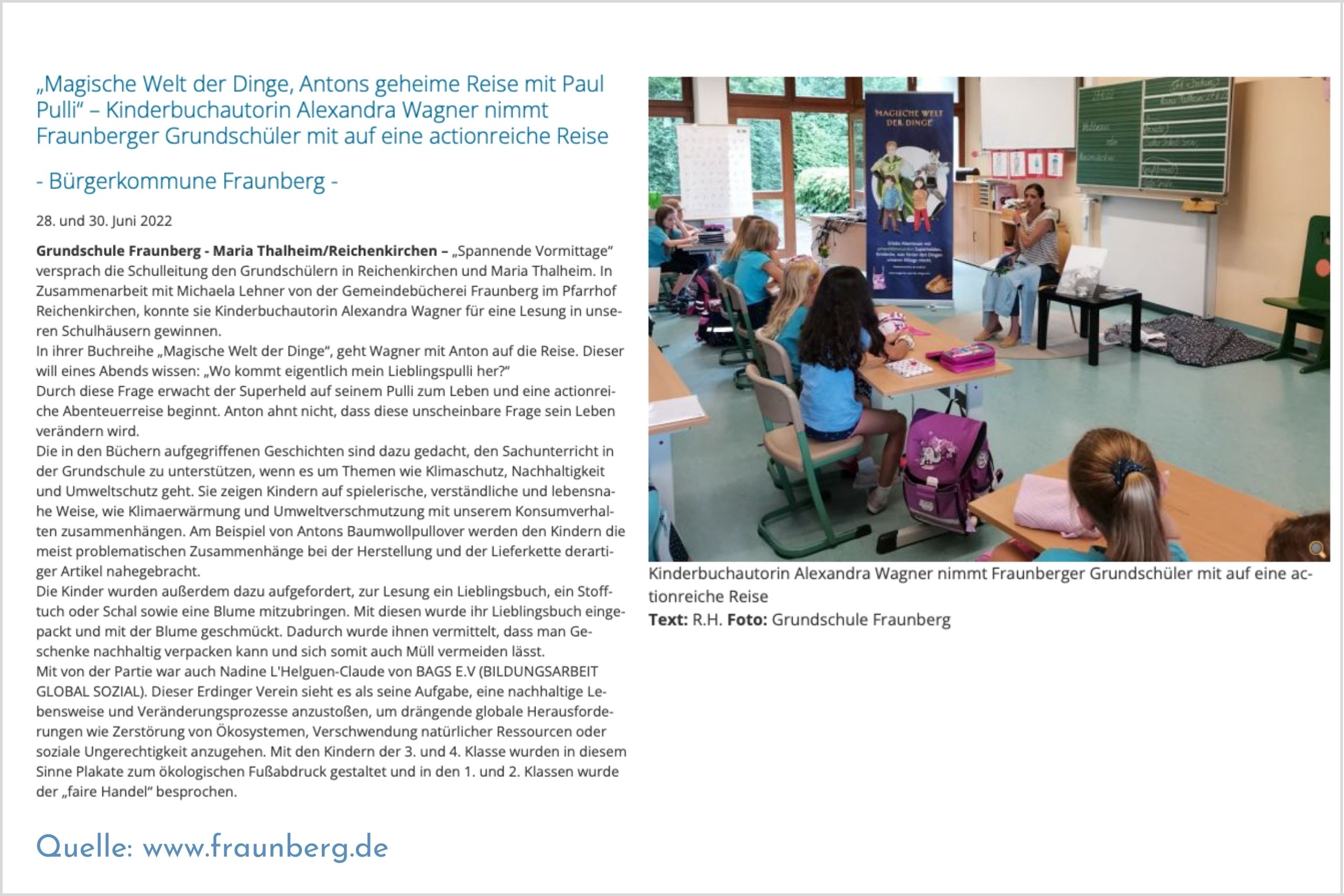 Bericht Gemeindeblatt Fraunberg Autorenlesung in Grundschulen
