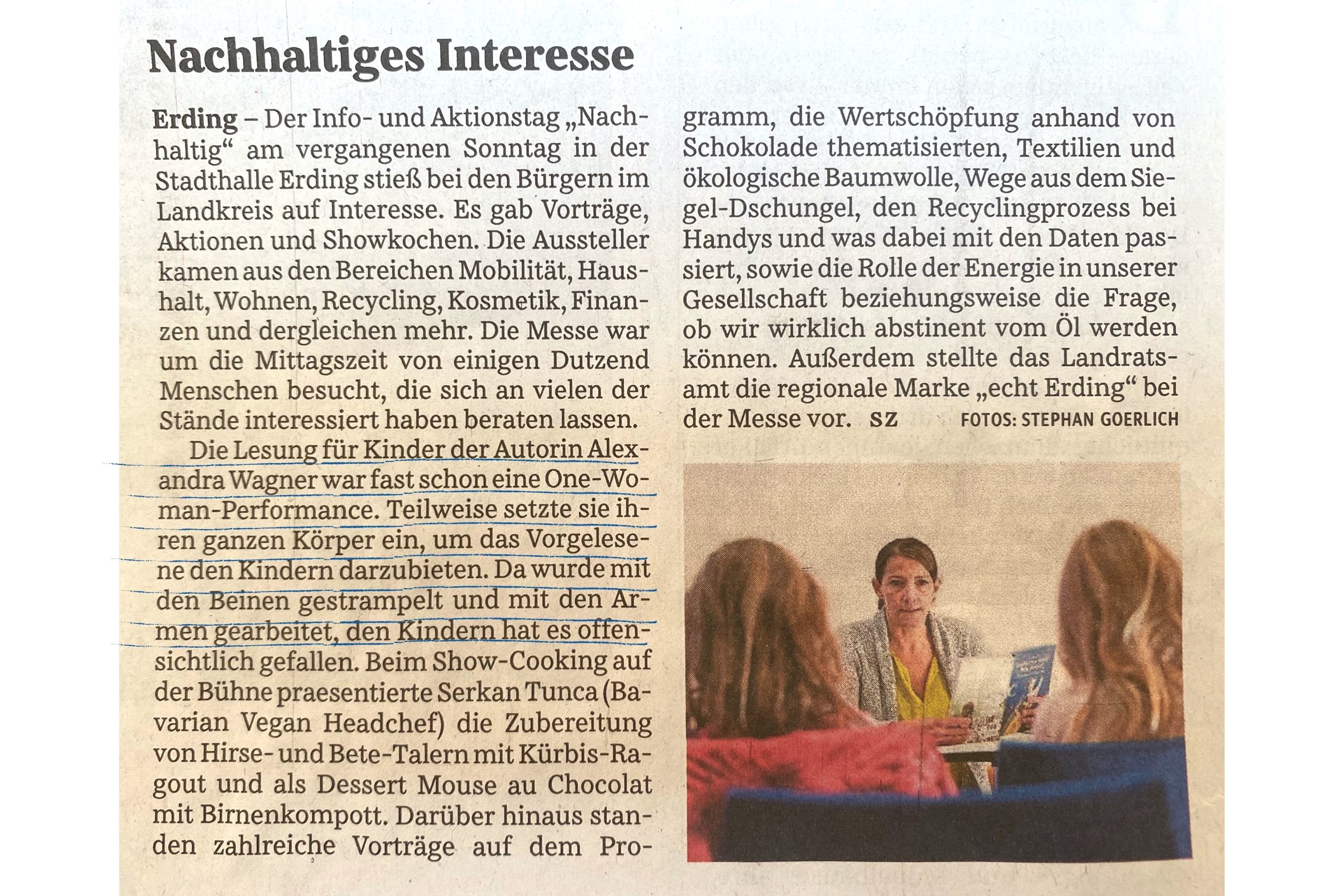 Zeitungsausschnitt Süddeutsche Zeitung, Teil Bayern, München, Erding, Autorenlesung für Kinder Nachhaltigkeitsmesse